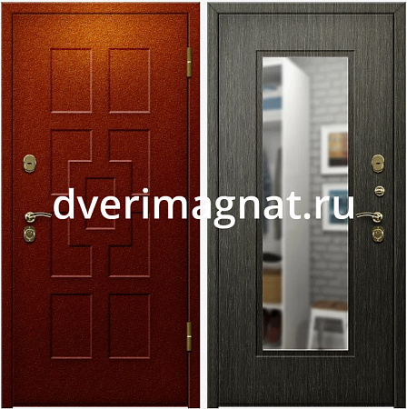 Стальная дверь с зеркалом с порошковым напылением и МДФ коричневого цвета